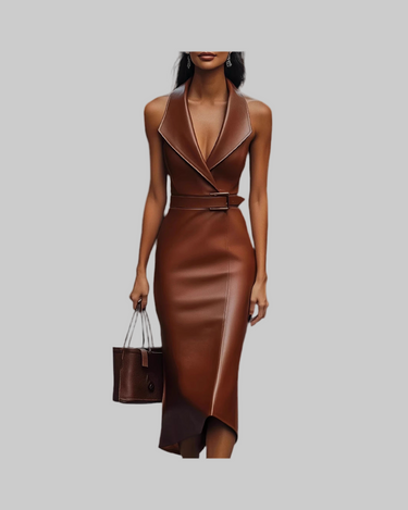 Women Wear Elegant Graceful Waist Belt Asymmetric Hip Faux Leather Dress